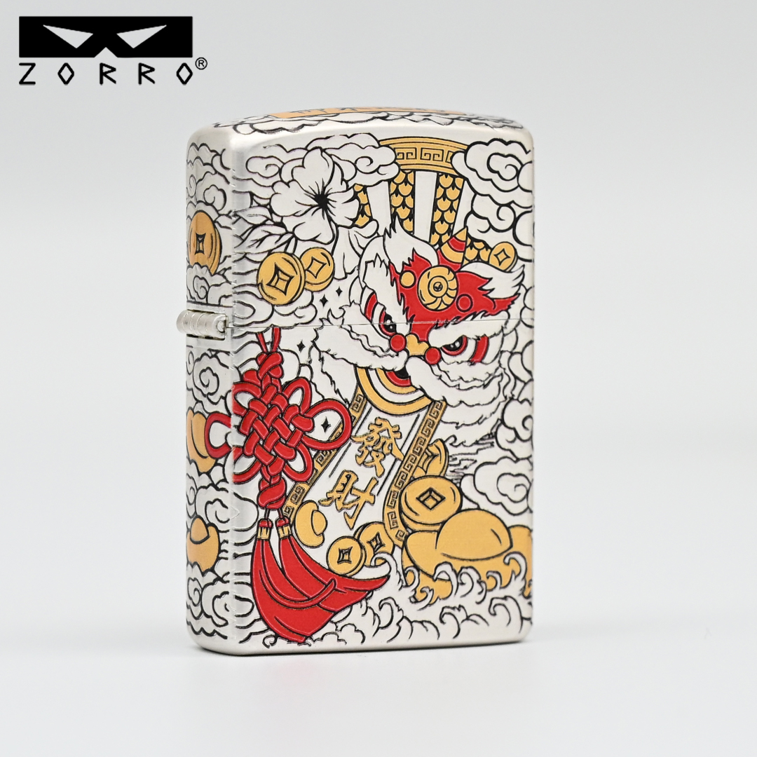 ZORRO佐罗三代错金银填红狮来运转防风打火机创意男友节日礼物