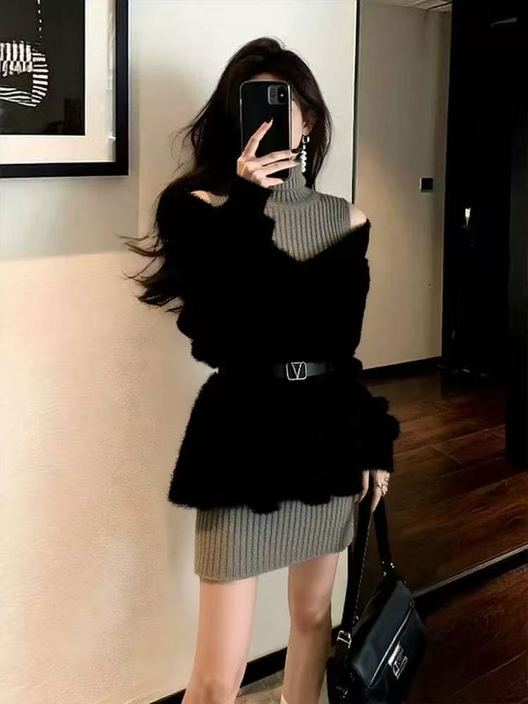 Z218法式针织连衣裙套装秋冬穿搭女新款巨好看的毛衣包臀裙两件套