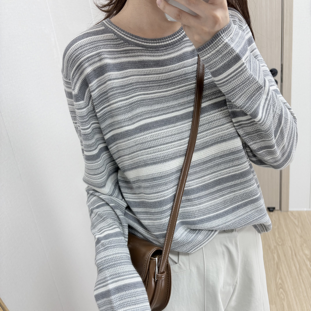 韩版慵懒风条纹针织衫女秋冬套头撞色T恤长袖宽松休闲百搭上衣