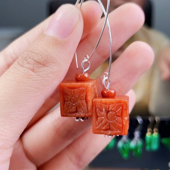 翡翠耳饰银S925镶嵌饰品