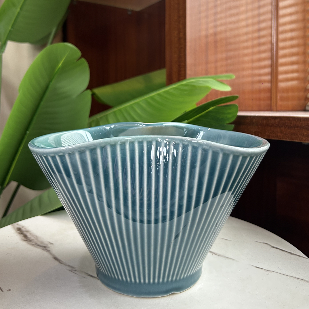 C165 口22.5高15北欧风扇形冰裂蓝透气花盆适合蝴蝶兰等绿植室内