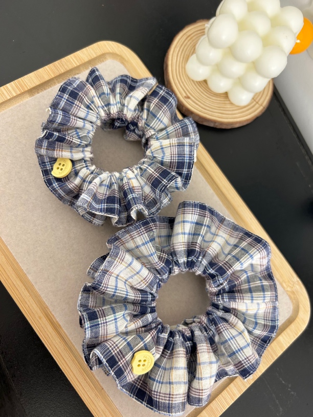 蓝米色格子双层小蛮腰发圈  韩系简约ins风百搭发圈