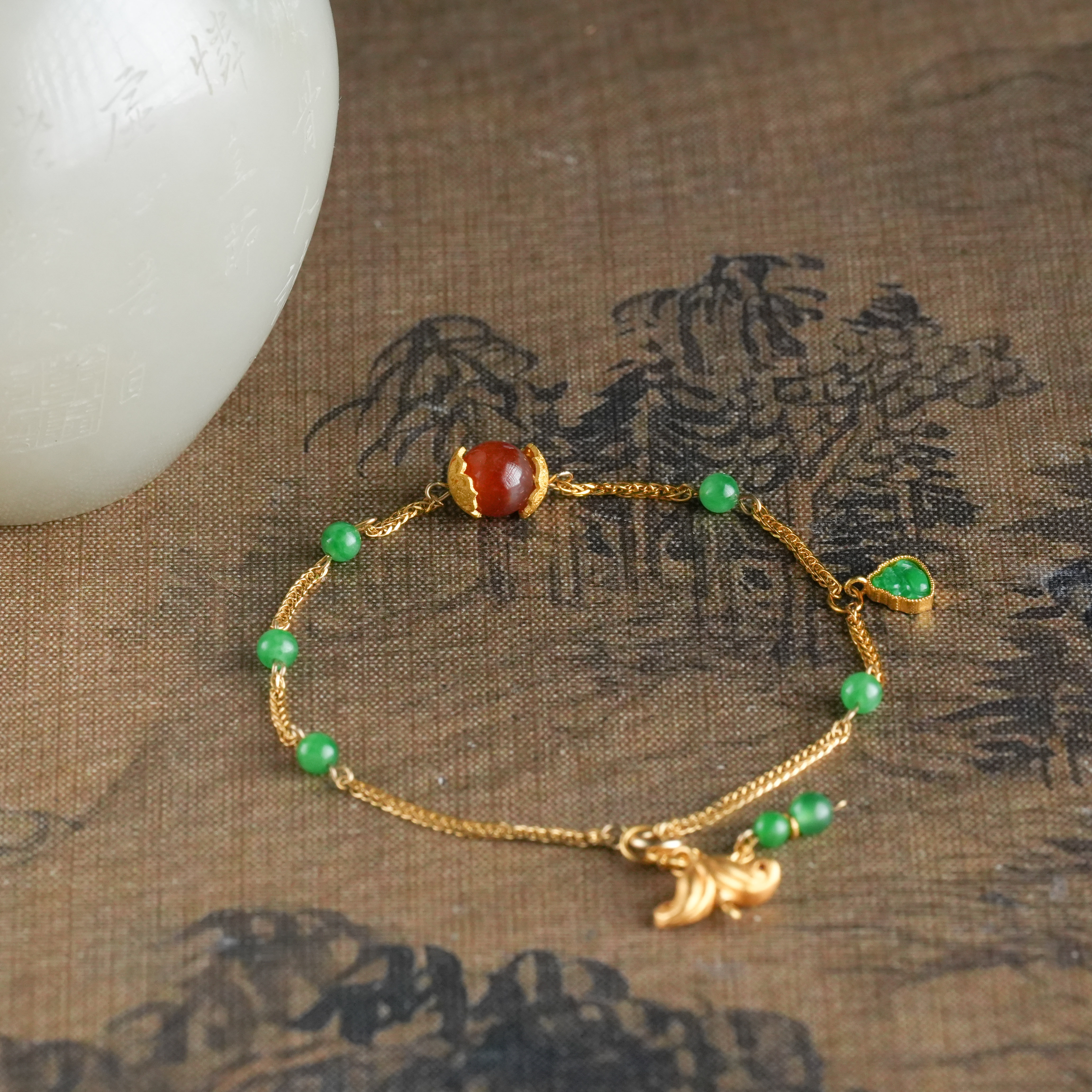 【观月】【赤绿】18k金镶嵌天然A货翡翠手链