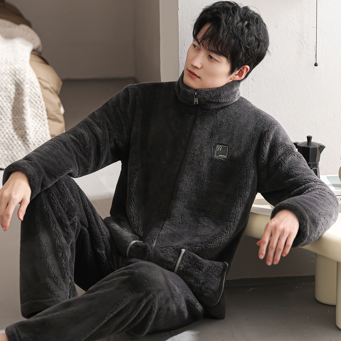 睡衣男秋冬加厚加绒法兰绒套装珊瑚绒家居服开衫拉链大码保暖冬装