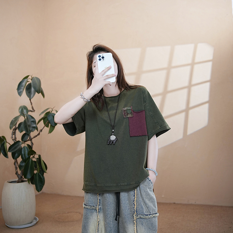夏季贴布绣圆领短袖拼接0g做旧T恤印花复古宽松韩版931107