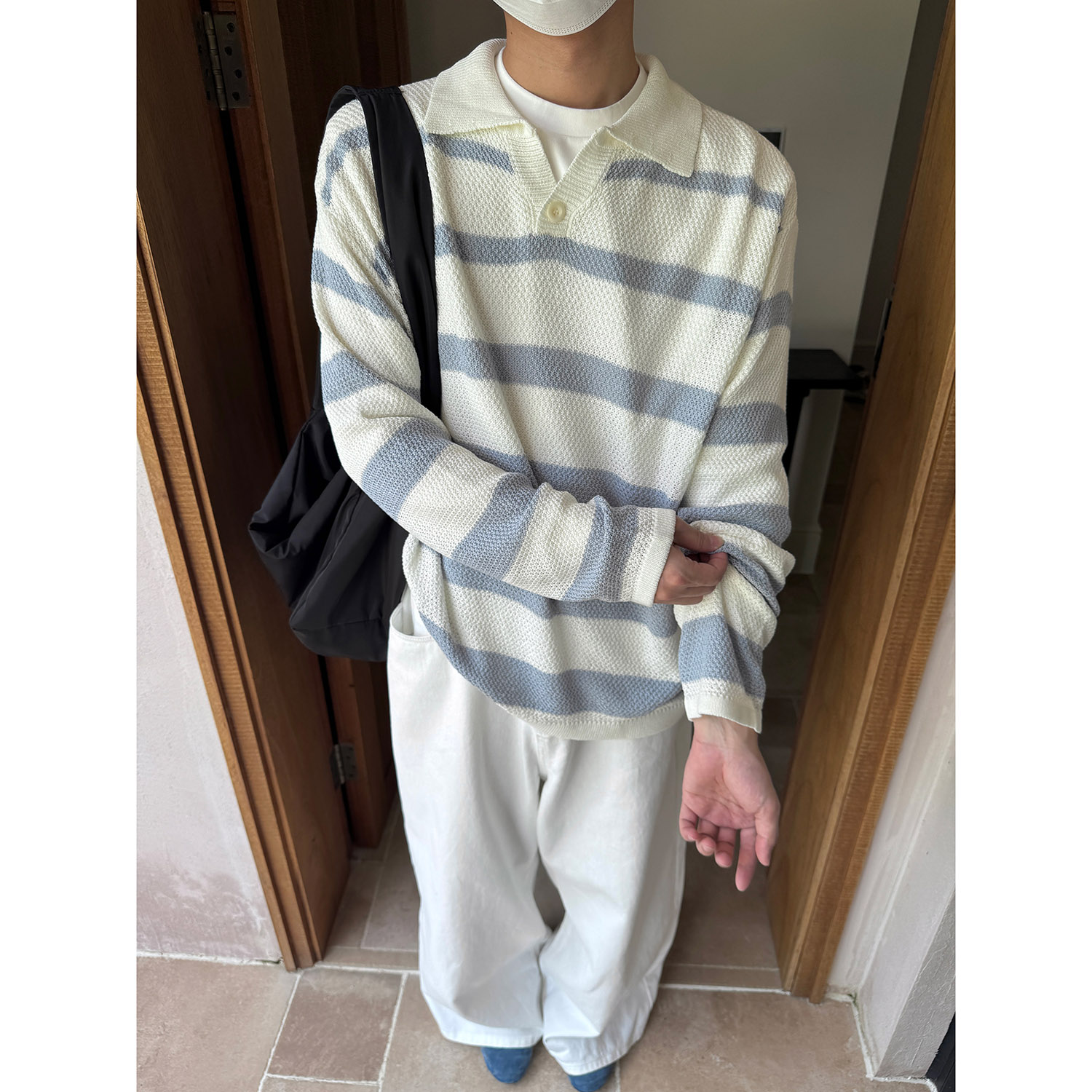 19studio WAYNEPRINCE美式复古polo领撞色条纹针织衫宽松情侣毛衣
