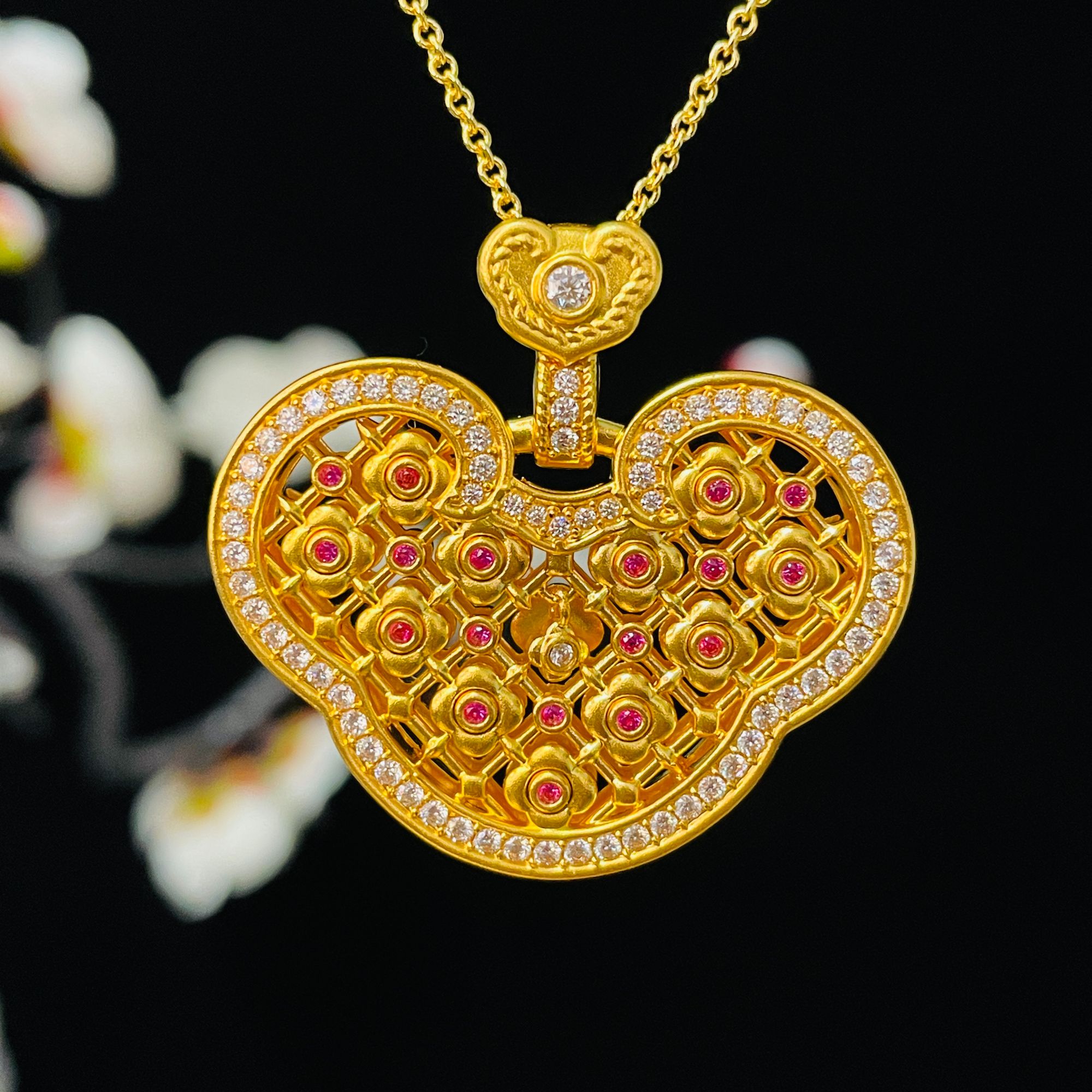 足金999点钻爱心锁包福启如意吊坠DZ272