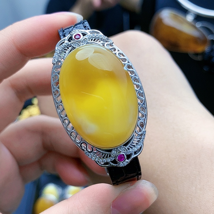 琥珀裸石银S925镶嵌手镯