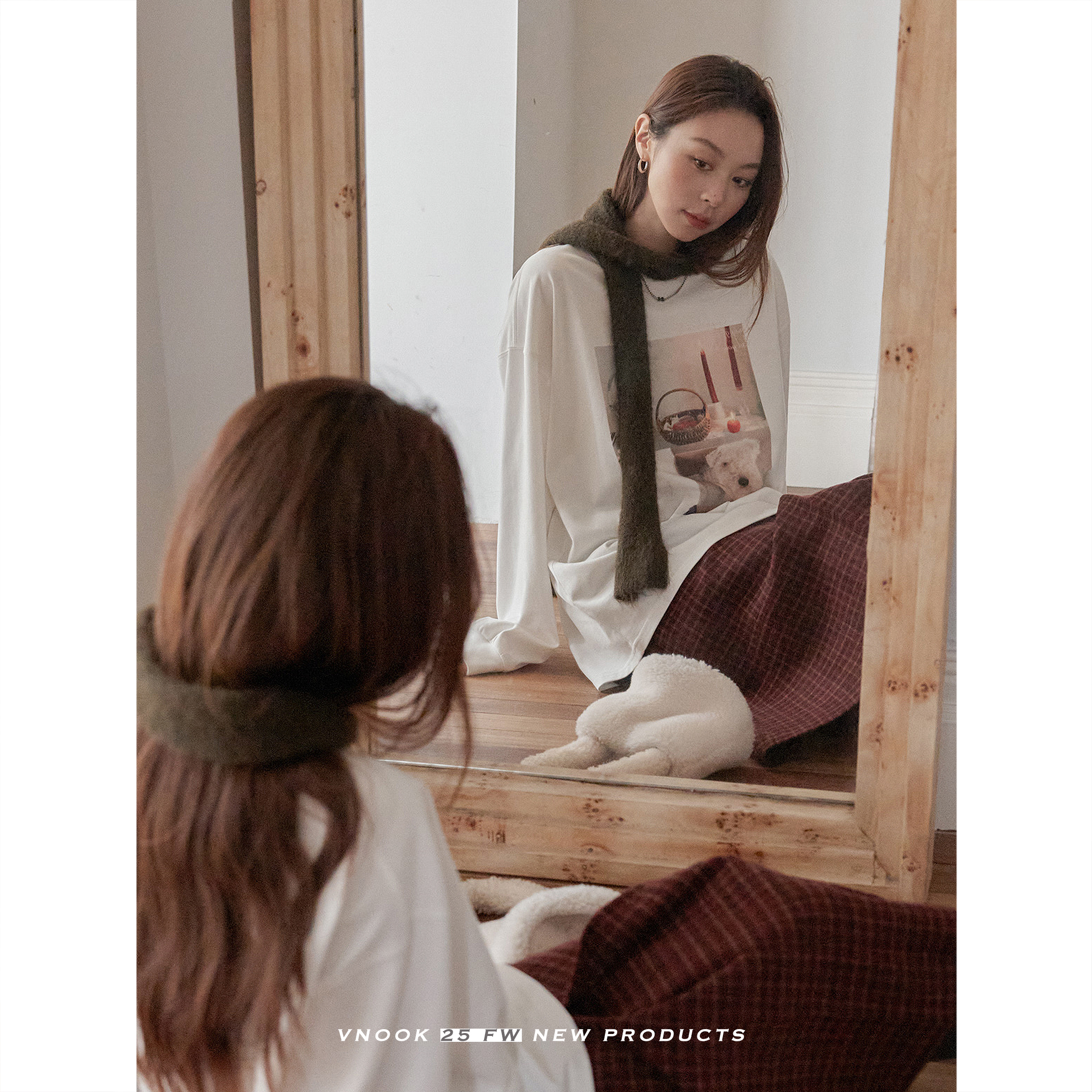 vnook  印花小狗全棉磨毛长袖T恤女秋冬加厚宽松休闲圆领打底上衣