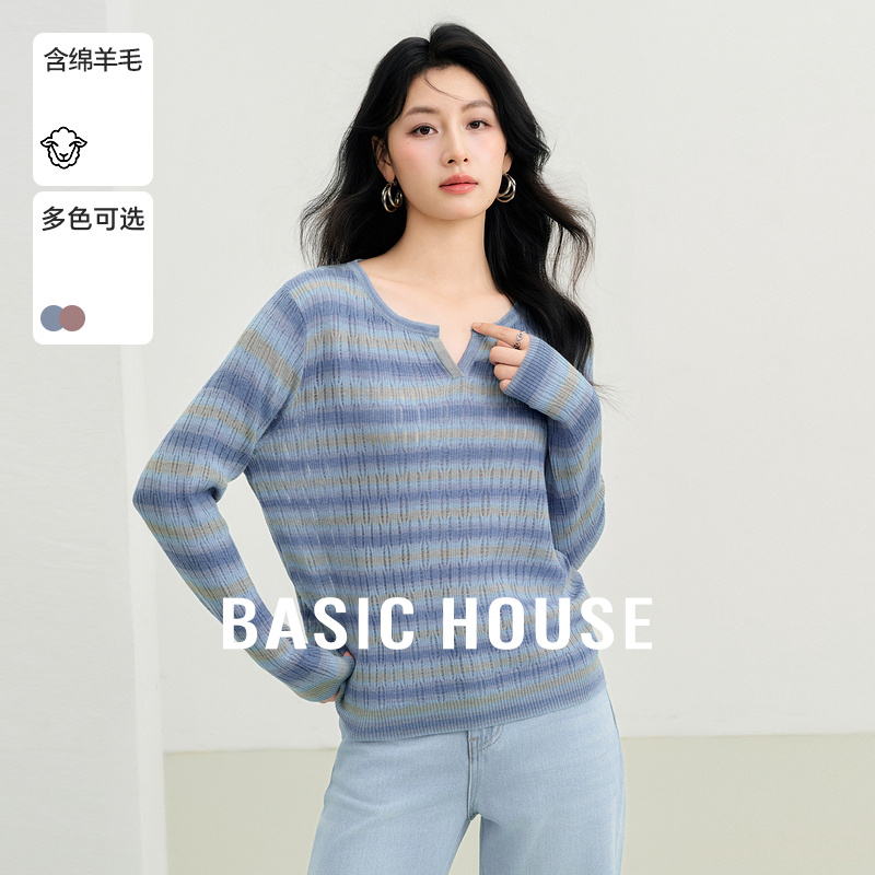 Basic House/百家好春季撞色套头休闲百搭时尚针织衫-B0625H5R132