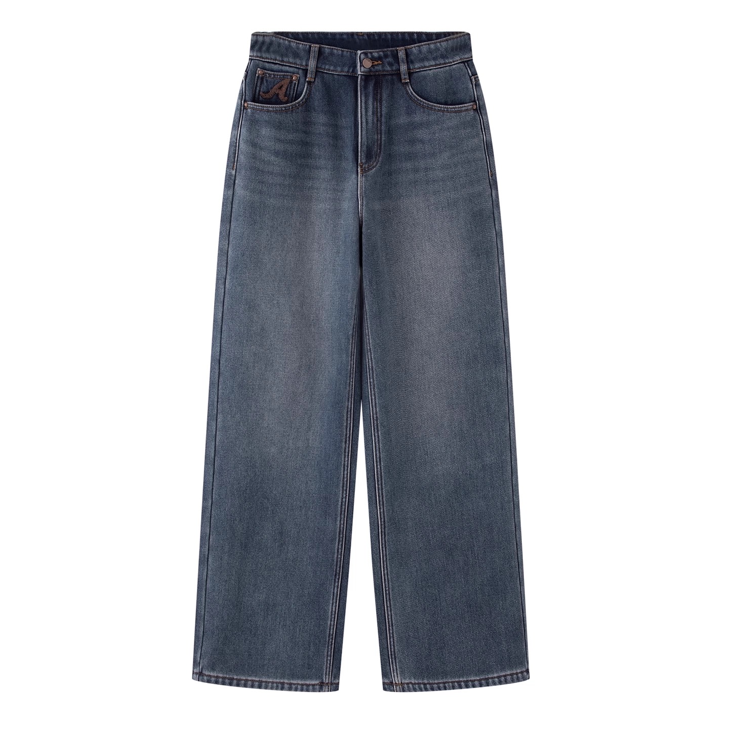 艾家学院风高腰加绒牛仔裤苹果型身材显瘦裤子直筒裤女装复古4024