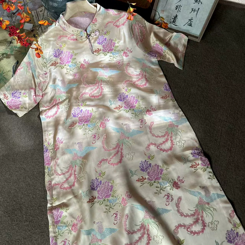 夏季新款新中式国风宽松显瘦旗袍盘扣凤栾戏牡丹手绘连衣裙