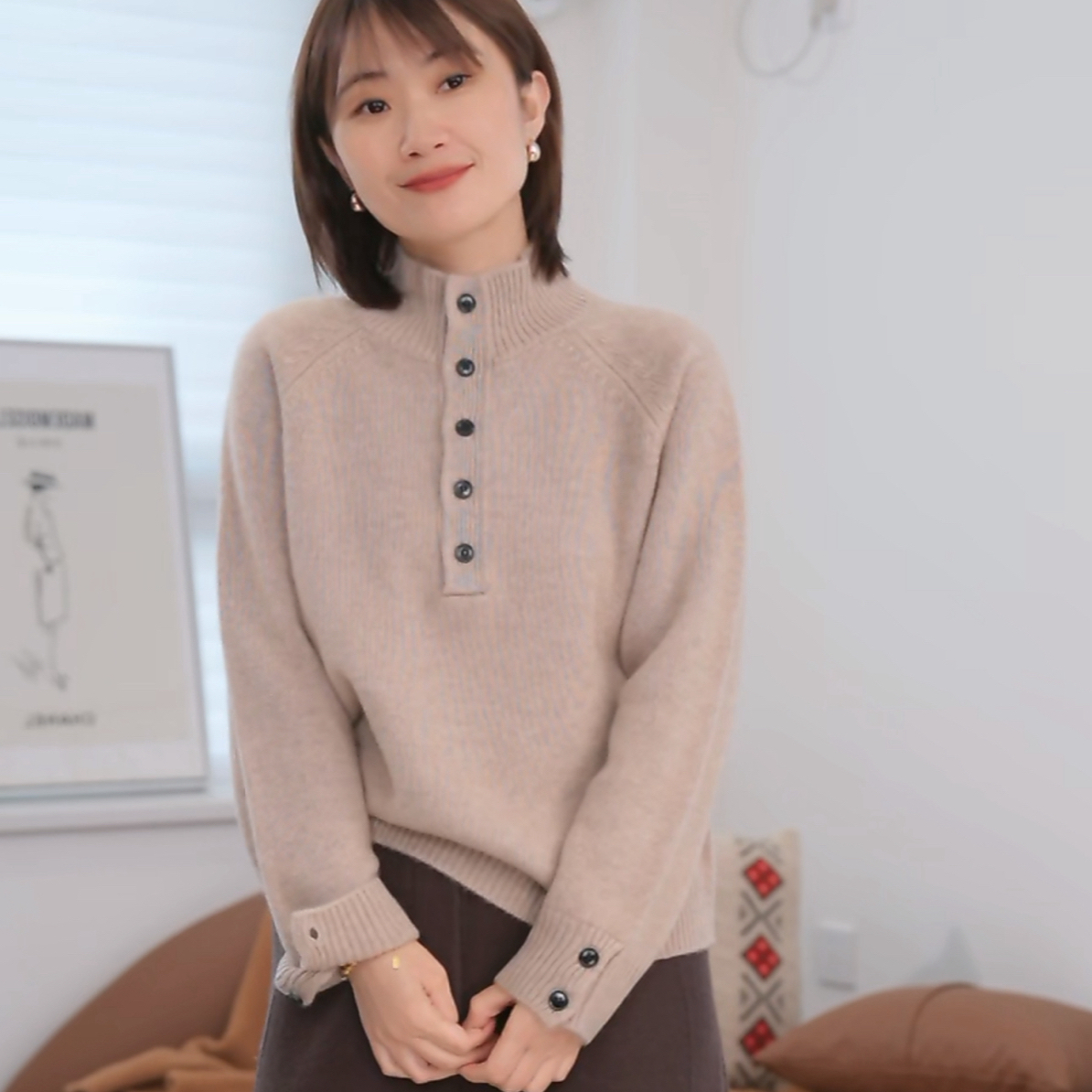 纯山羊绒半高领插肩袖套头毛衣针织衫