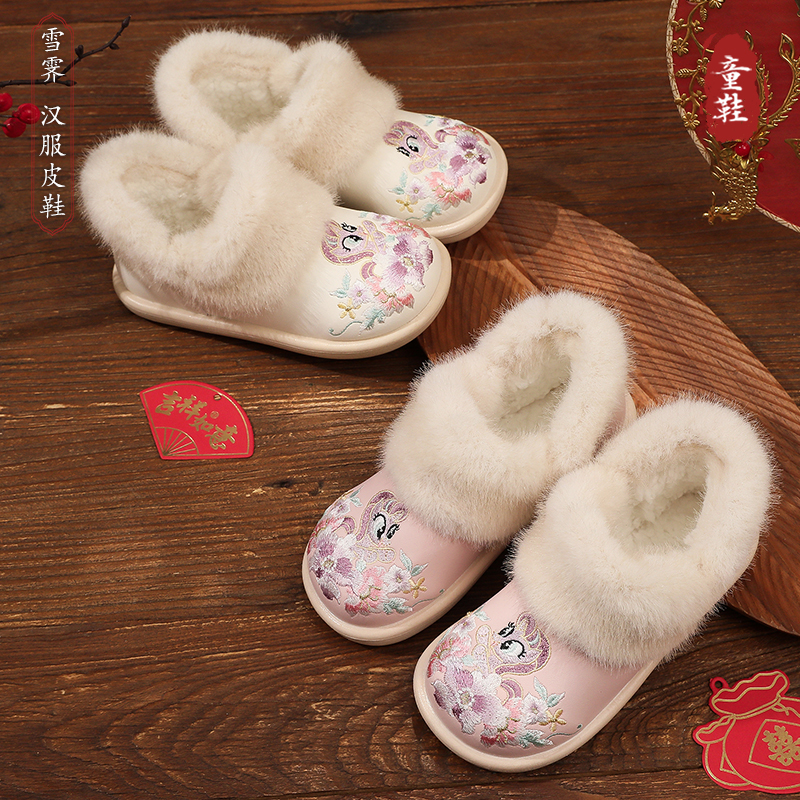 汉服鞋女童冬季新款中式雪地靴子古风手工加绒棉鞋拜年儿童绣花鞋