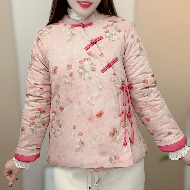 冬季斜襟加厚棉服国风盘扣系带印花外套女短款棉衣