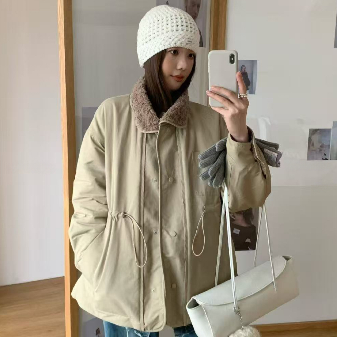 小翻领毛毛领保暖工装风中长款可抽腰绳夹棉外套女冬季棉衣休闲