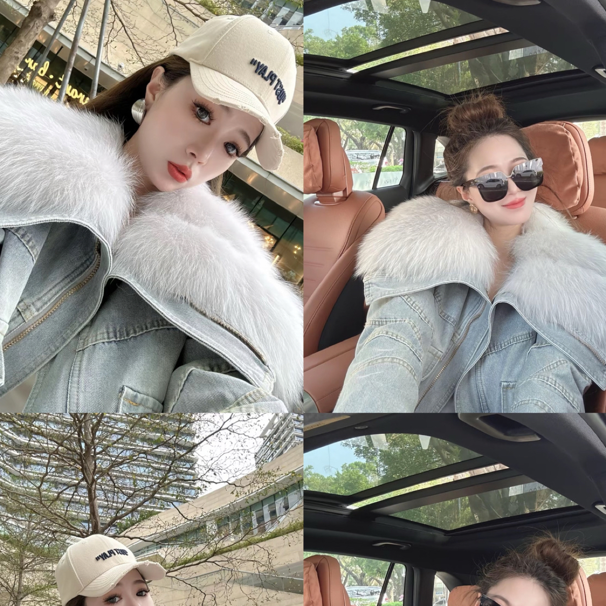 档口同款狐狸毛毛大毛领宽松蓝灰色牛仔外套时尚保暖网红款