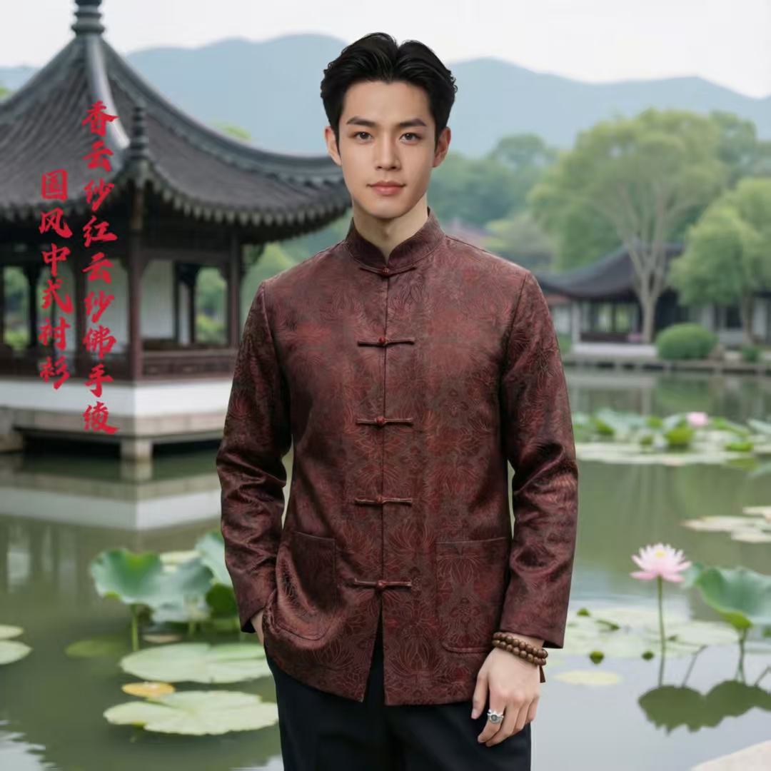 九吉多多男装佛手莲花绫中国风男士休闲中式短袖立领衬衫82509