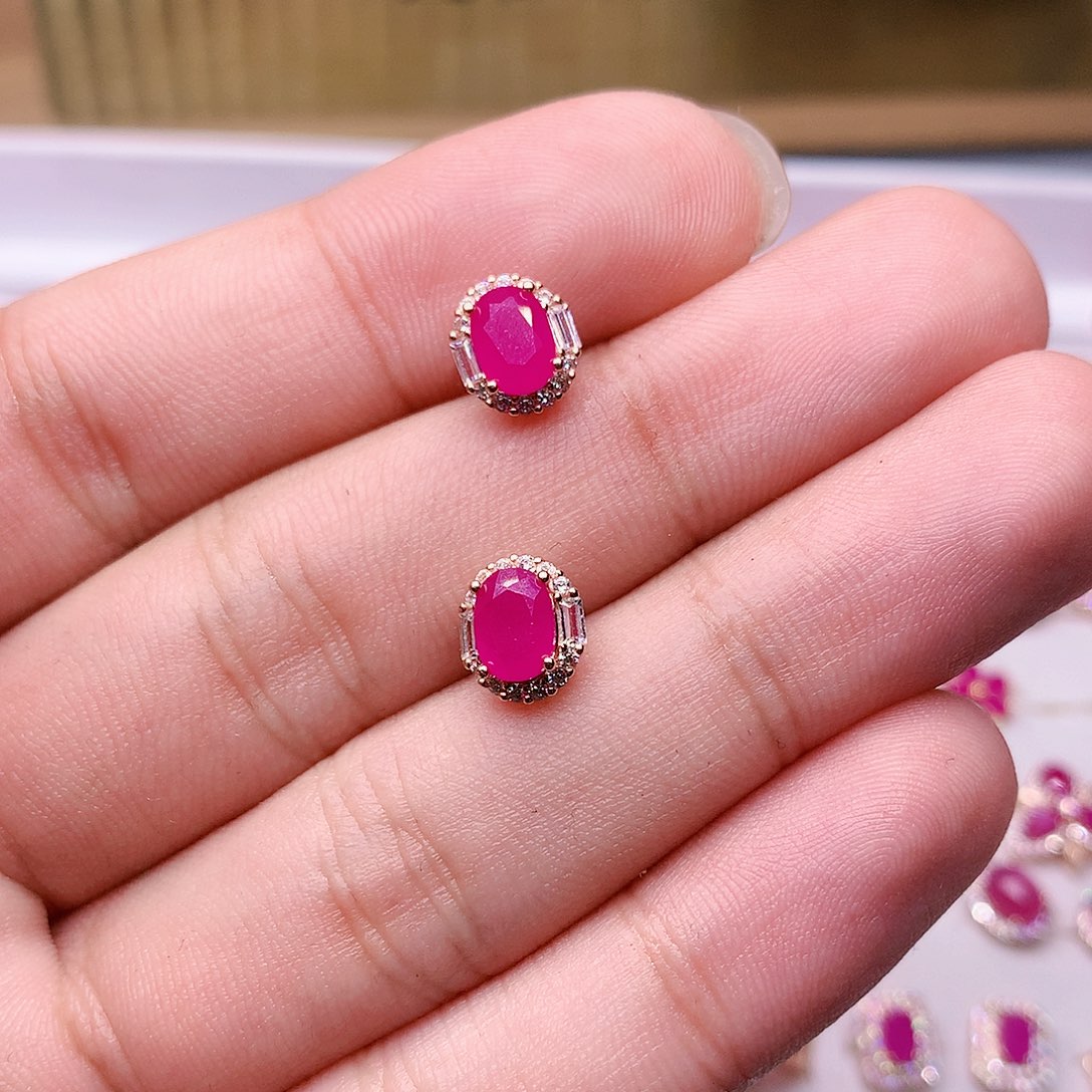 红宝石耳饰银S925镶嵌