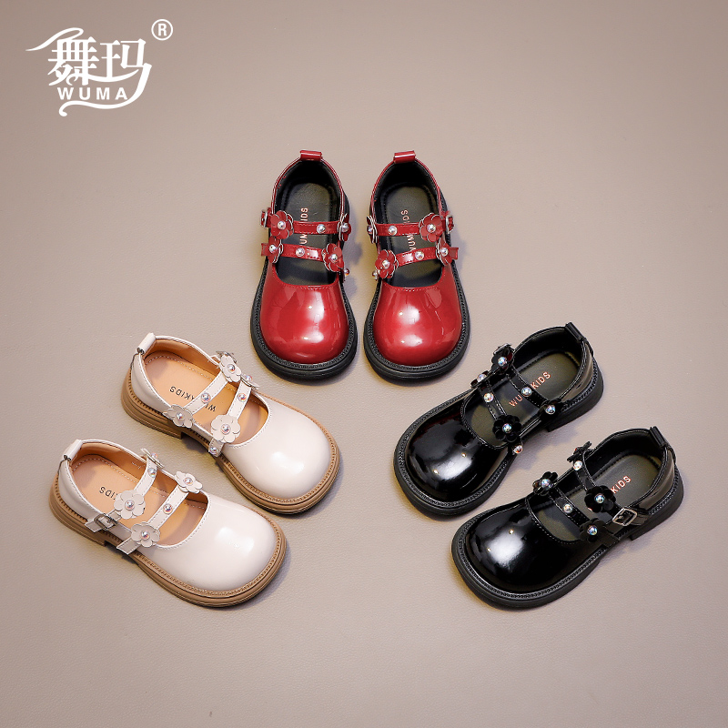 舞玛女童鞋子儿童公主鞋2025新款春秋季魔术贴软底亮面皮鞋538332