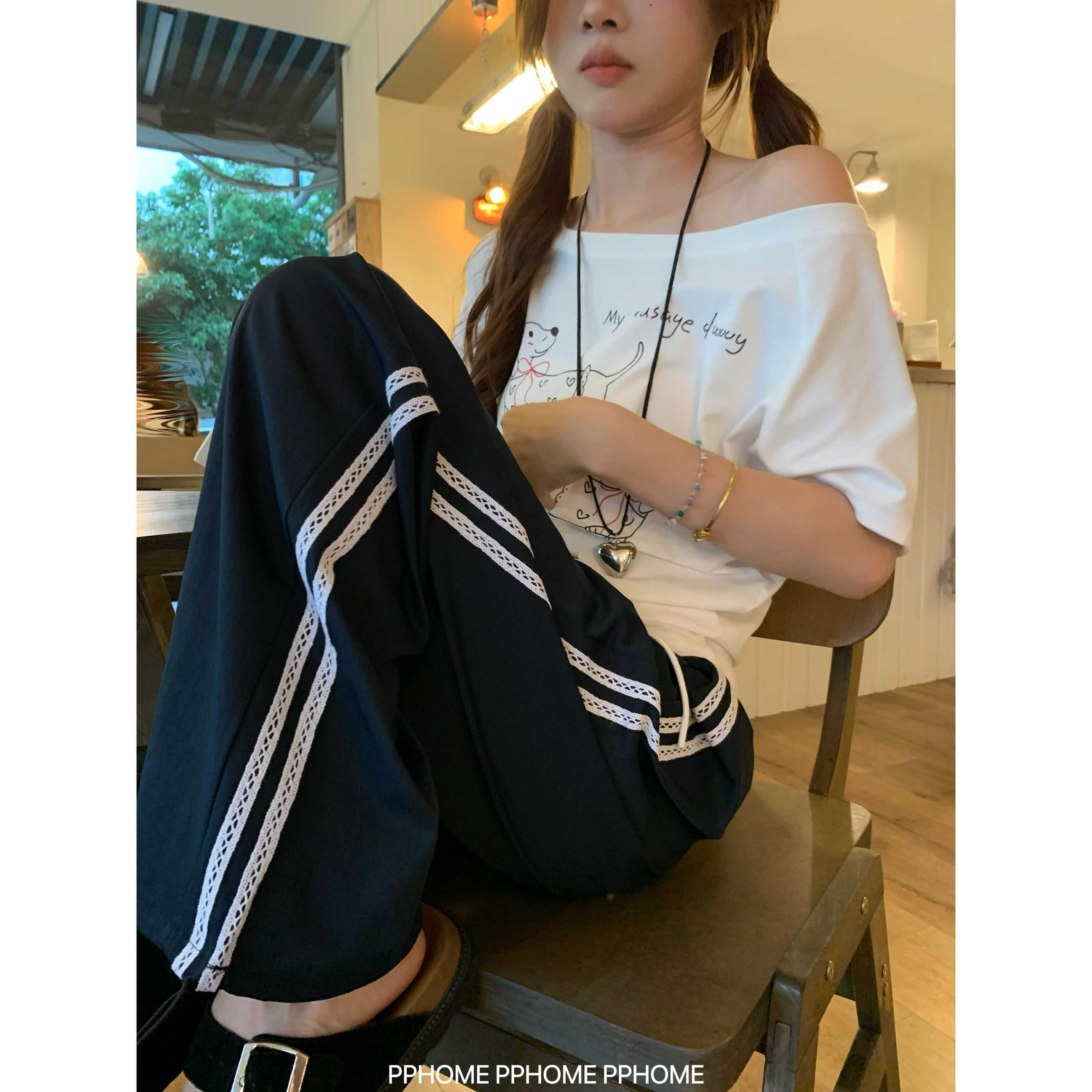 PPHOME自制~有氧降落 侧面织带蕾丝花边拼接休闲裤长裤运动阔腿裤