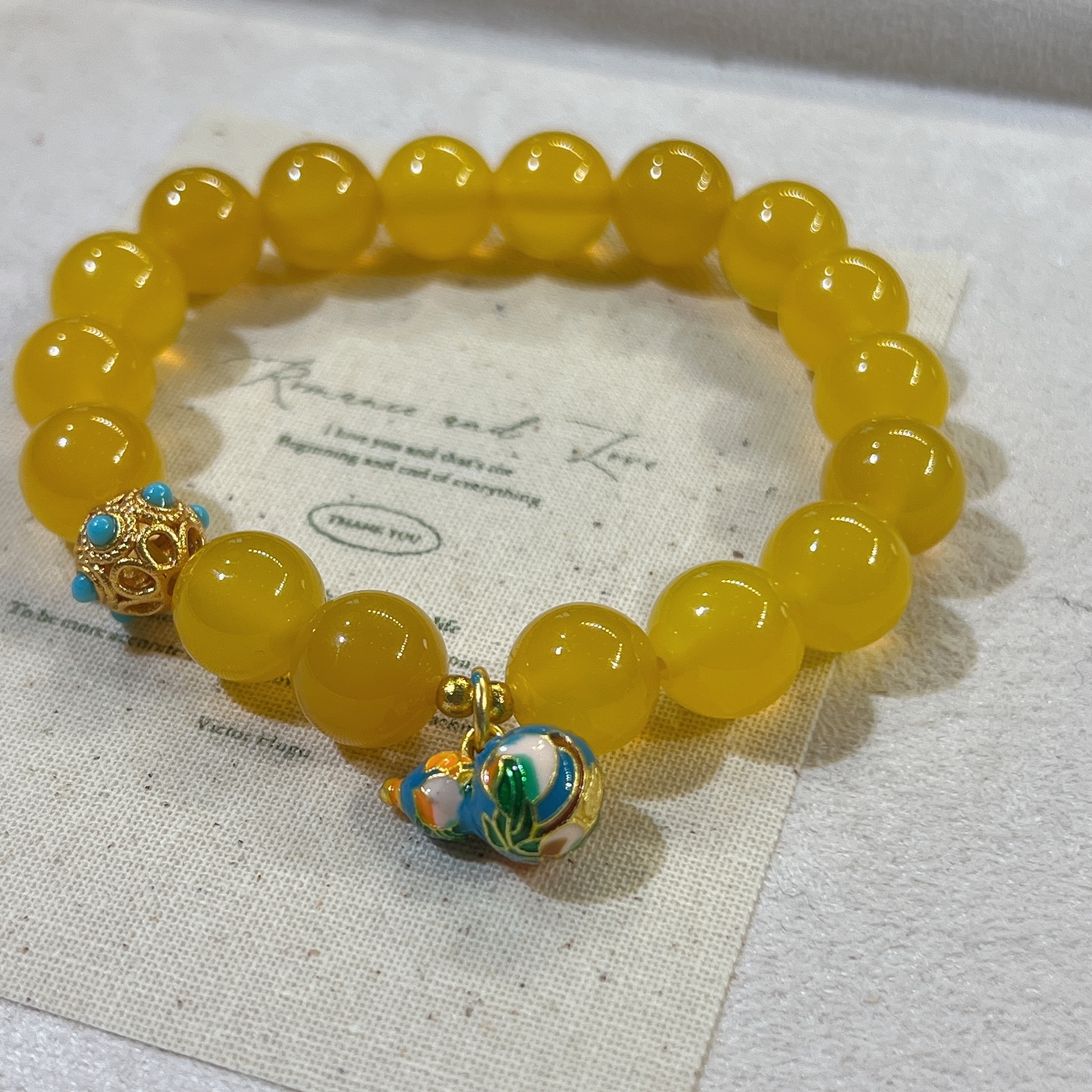 天然黄玛瑙手串景泰蓝葫芦配饰鸡油黄玛瑙手链A49