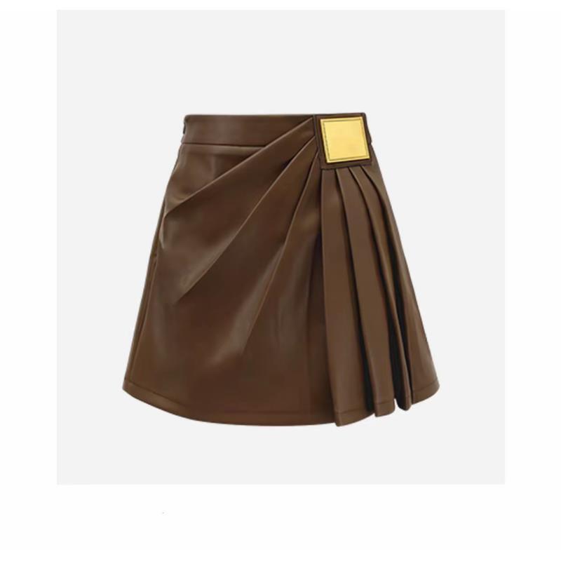 【三折叠皮裙 咖色】平腰皮裙