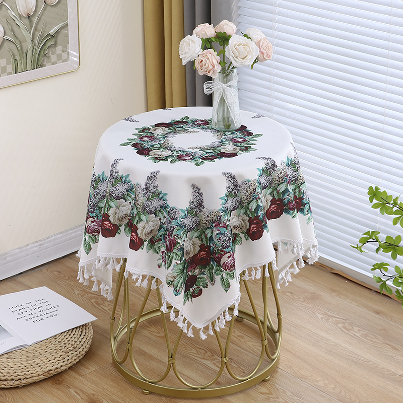小圆桌桌布玫瑰印花床头万能盖布家用茶几布艺加厚餐桌布正方形
