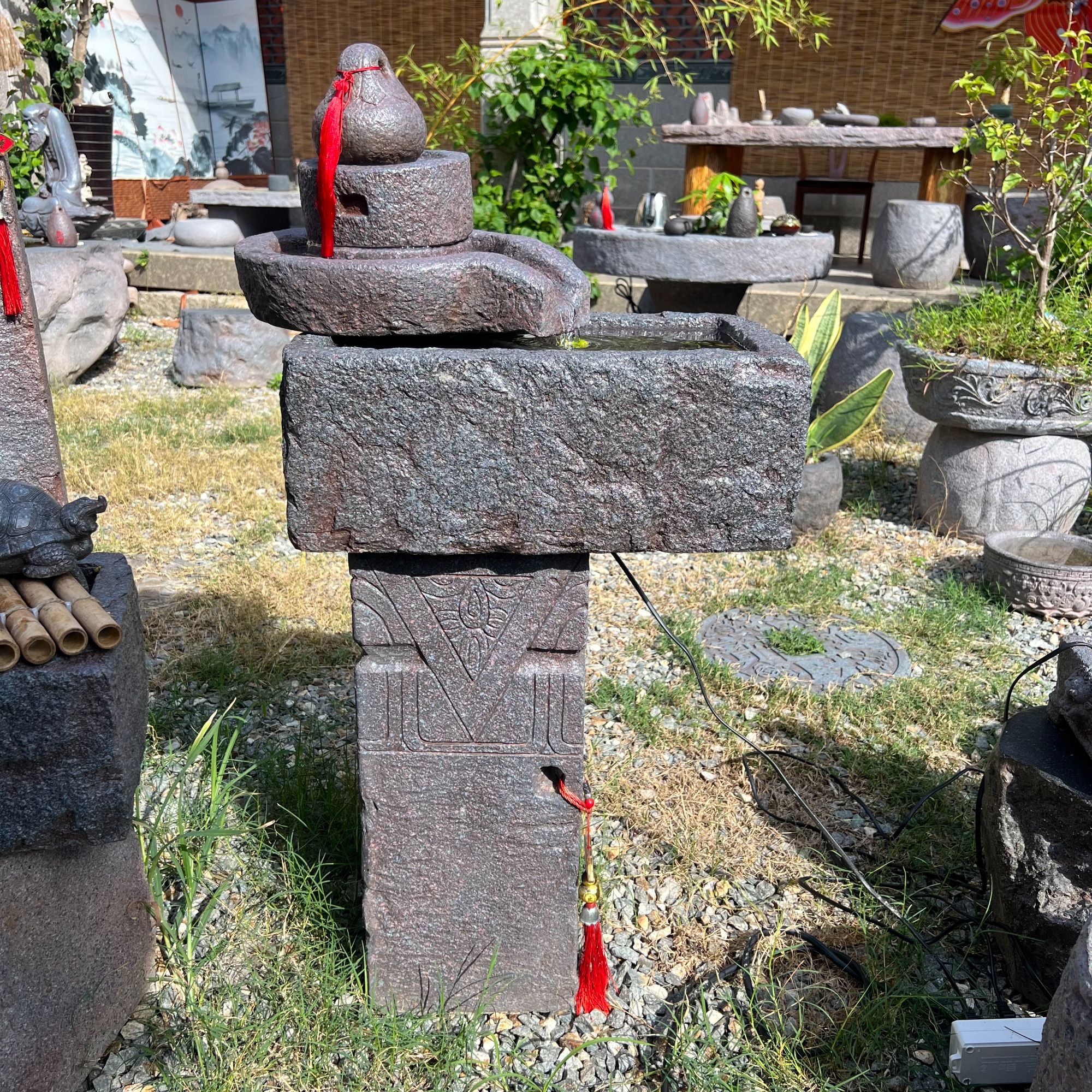 中式复古仿石组合立体石磨循环流水方缸生态微景观养鱼池装饰摆件
