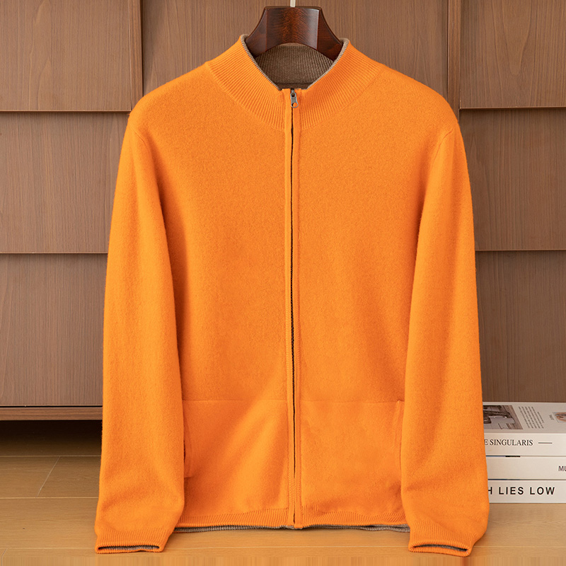 男士纯羊毛双面加厚有兜可两面穿双色拉链开衫外套立领开衫重磅