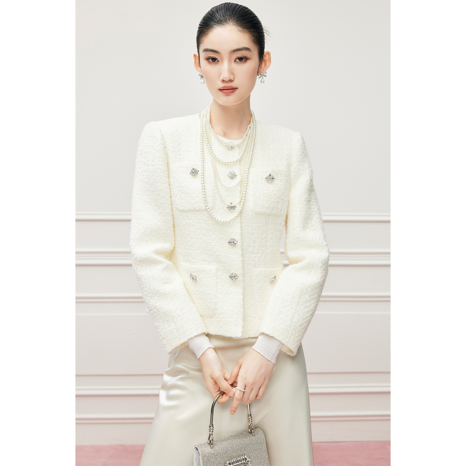 MandyZhang千金白月光绵羊毛小香风外套女秋气质重工钻扣亮丝上衣