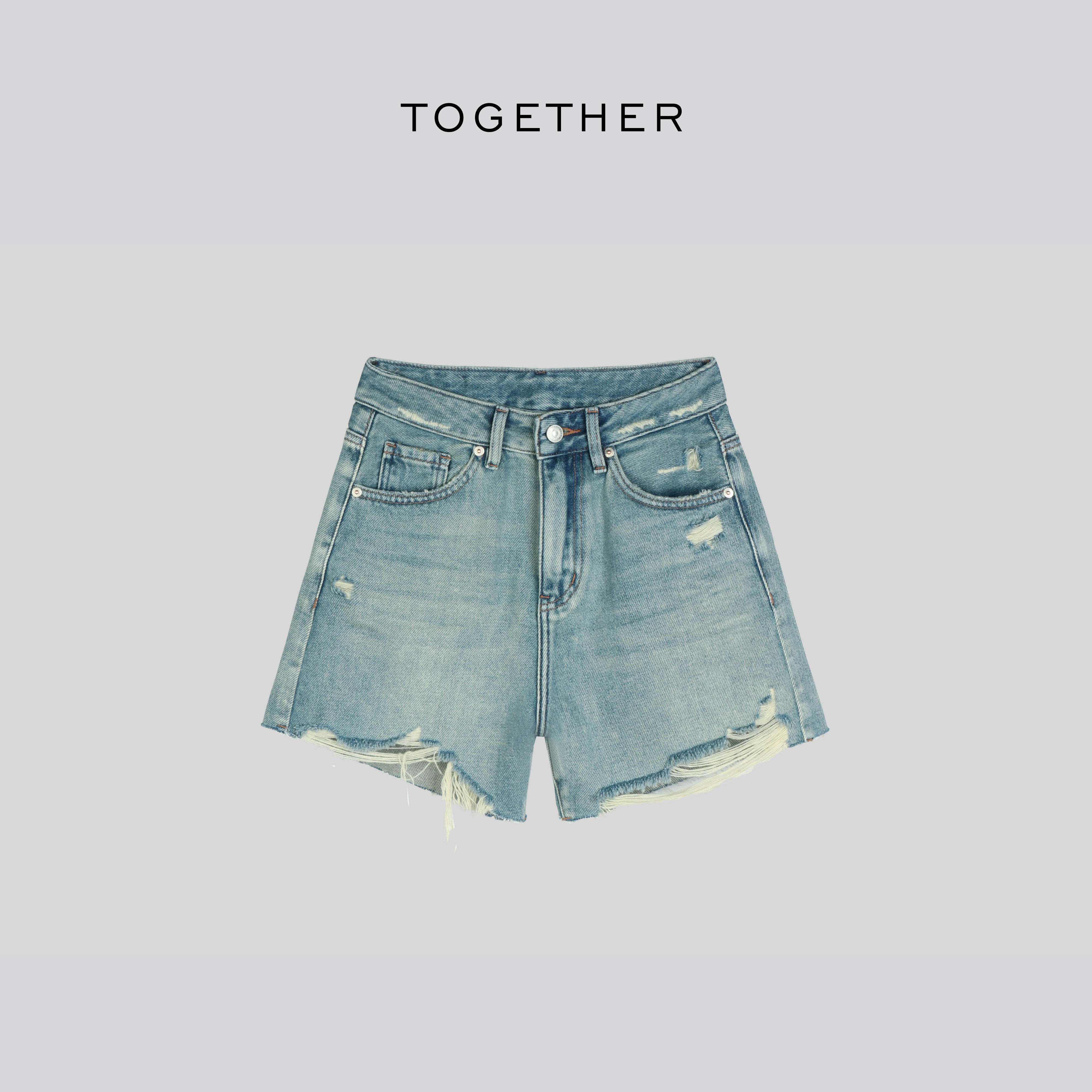 TOGETHER DW STUDIOS【】夏季后兜刺绣吊烂街头牛仔短裤#L2012