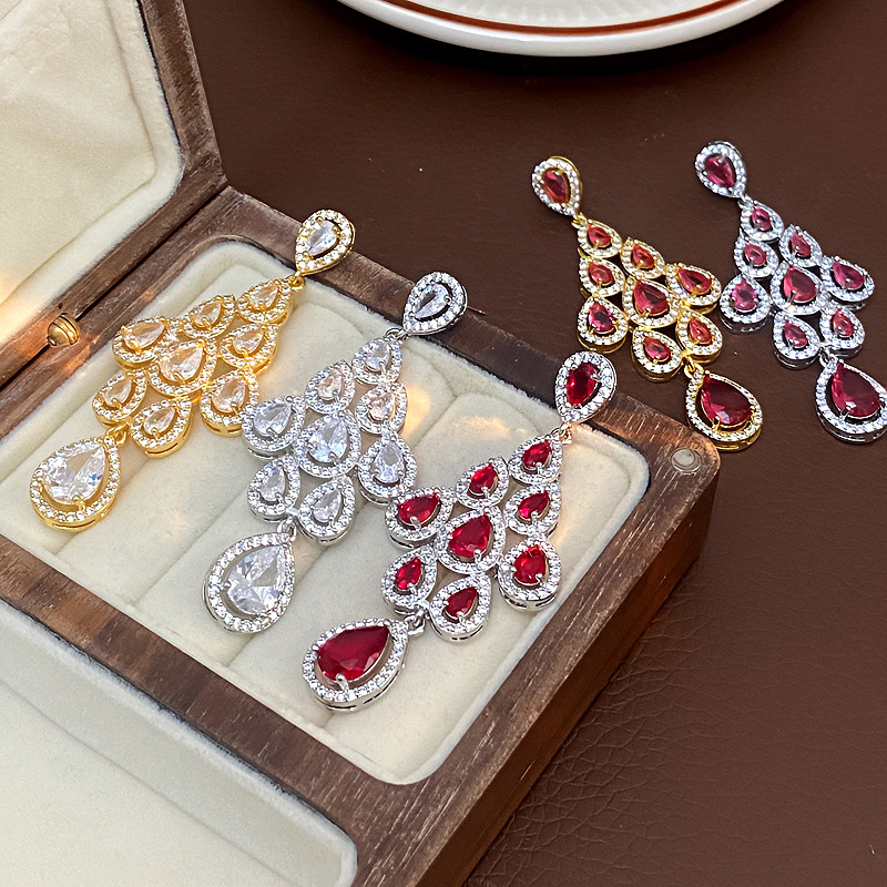 纯铜锆石耳饰 欧美风树叶水滴耳环轻奢高级感流苏耳坠