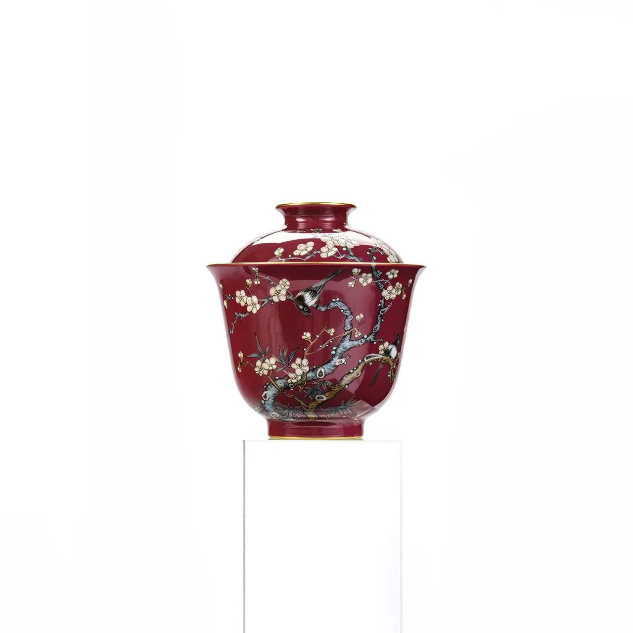 灵源山房-心赏严华胭脂红喜上眉梢盖碗