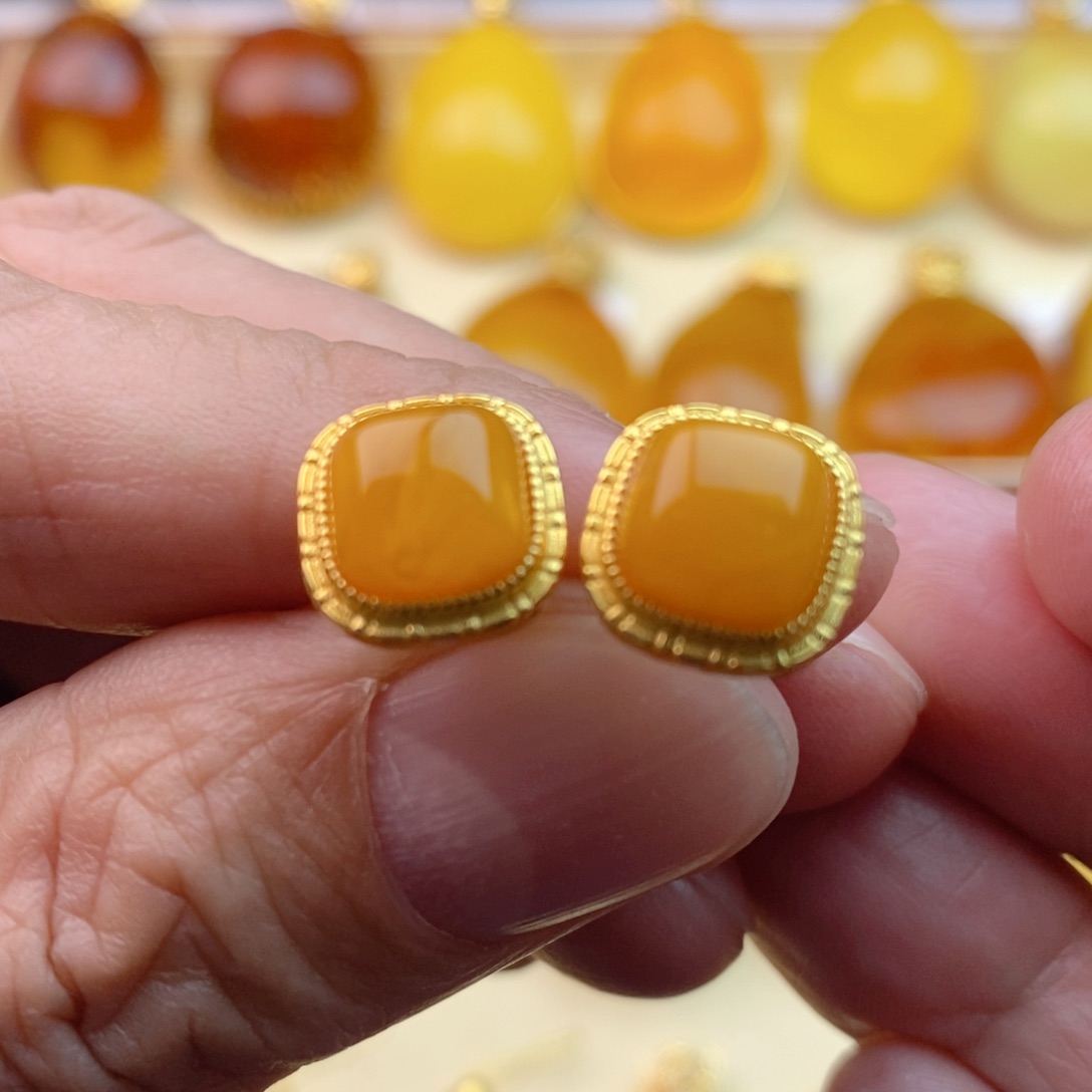 琥珀耳饰银S925镀金镶嵌