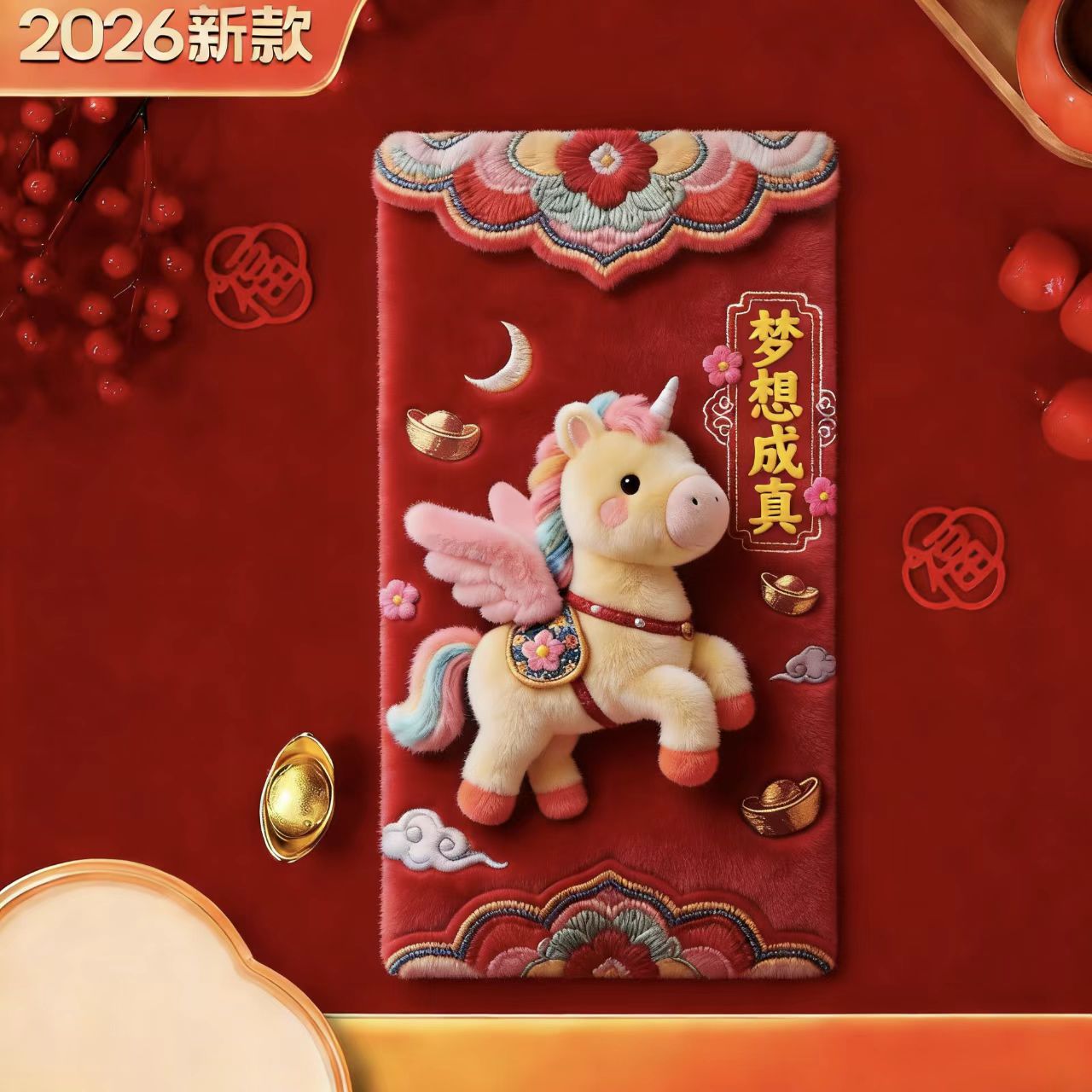 马年新年红包国风立体刺绣小马卡通3D效果