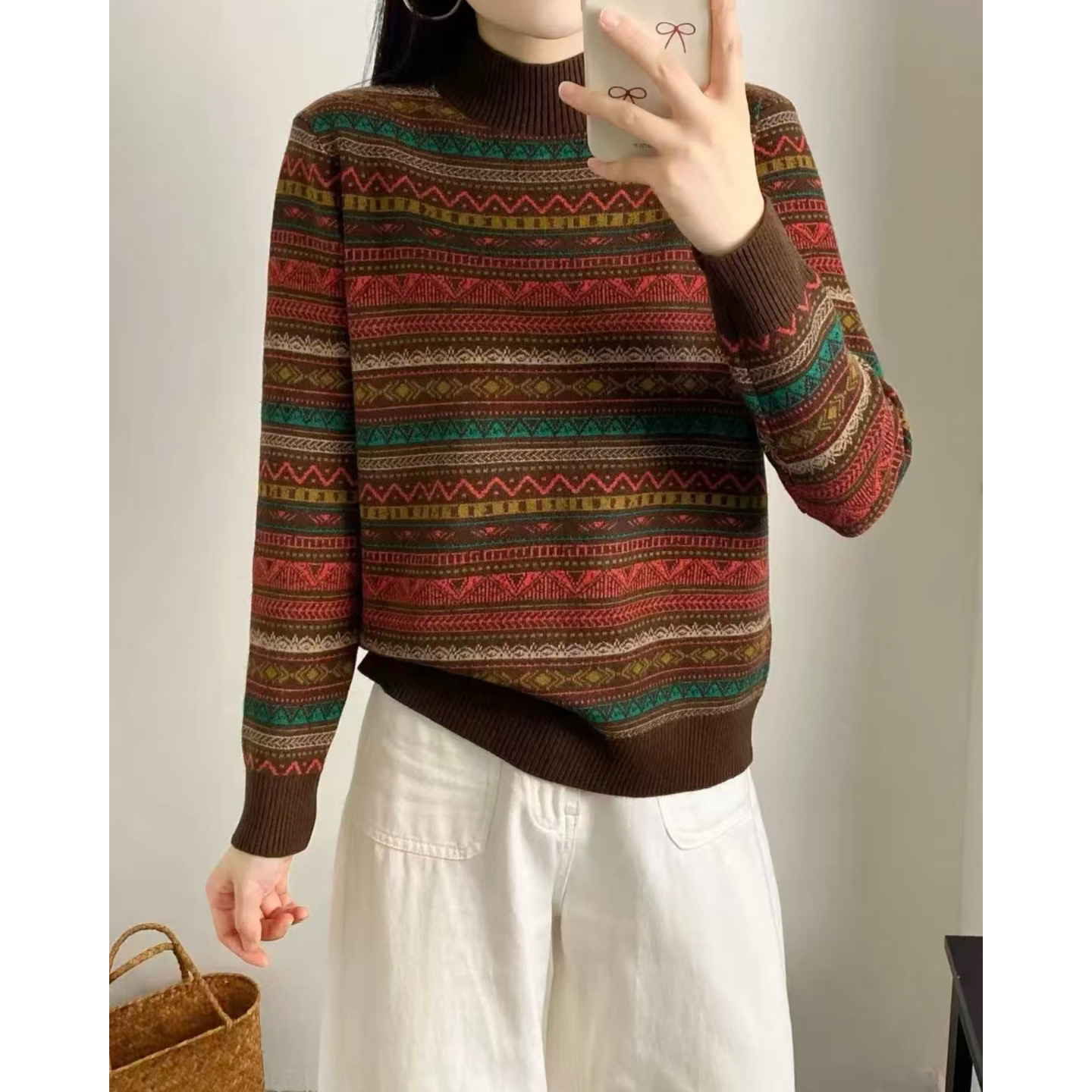 【尚品胖小妞】【细条纹半高领】2025冬季新款百搭高品质羊绒针织衫