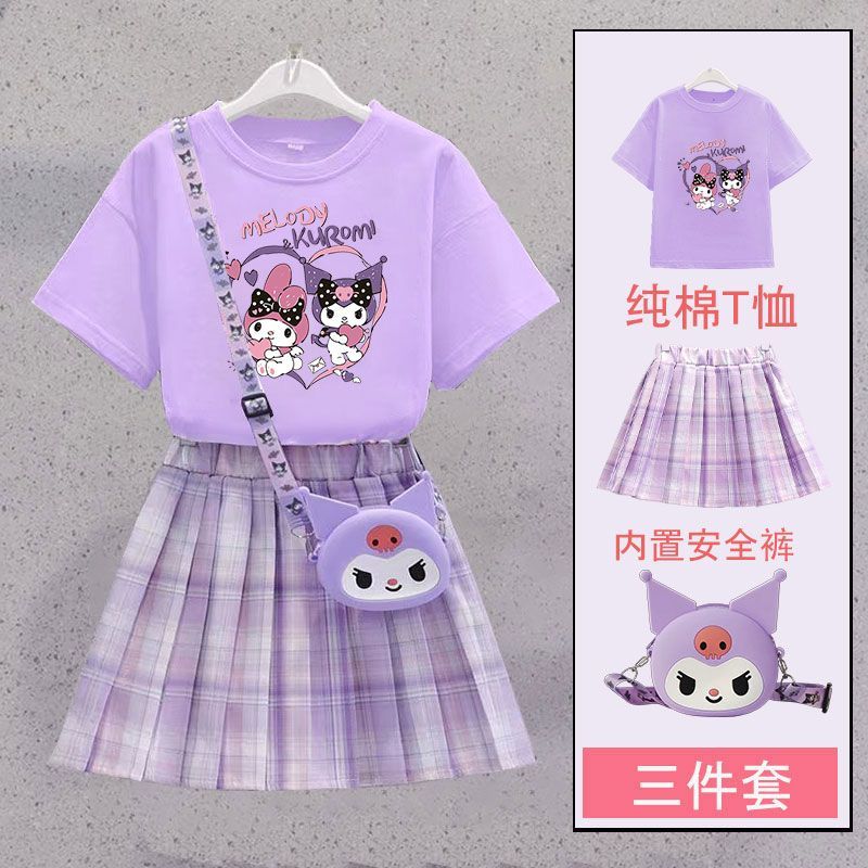 库洛米裙子女童夏季2025新款儿童学院风连衣裙女孩夏装短袖jk套装