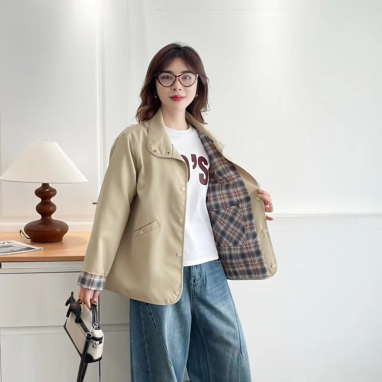 两面穿长袖简约女短款双面双穿短外套