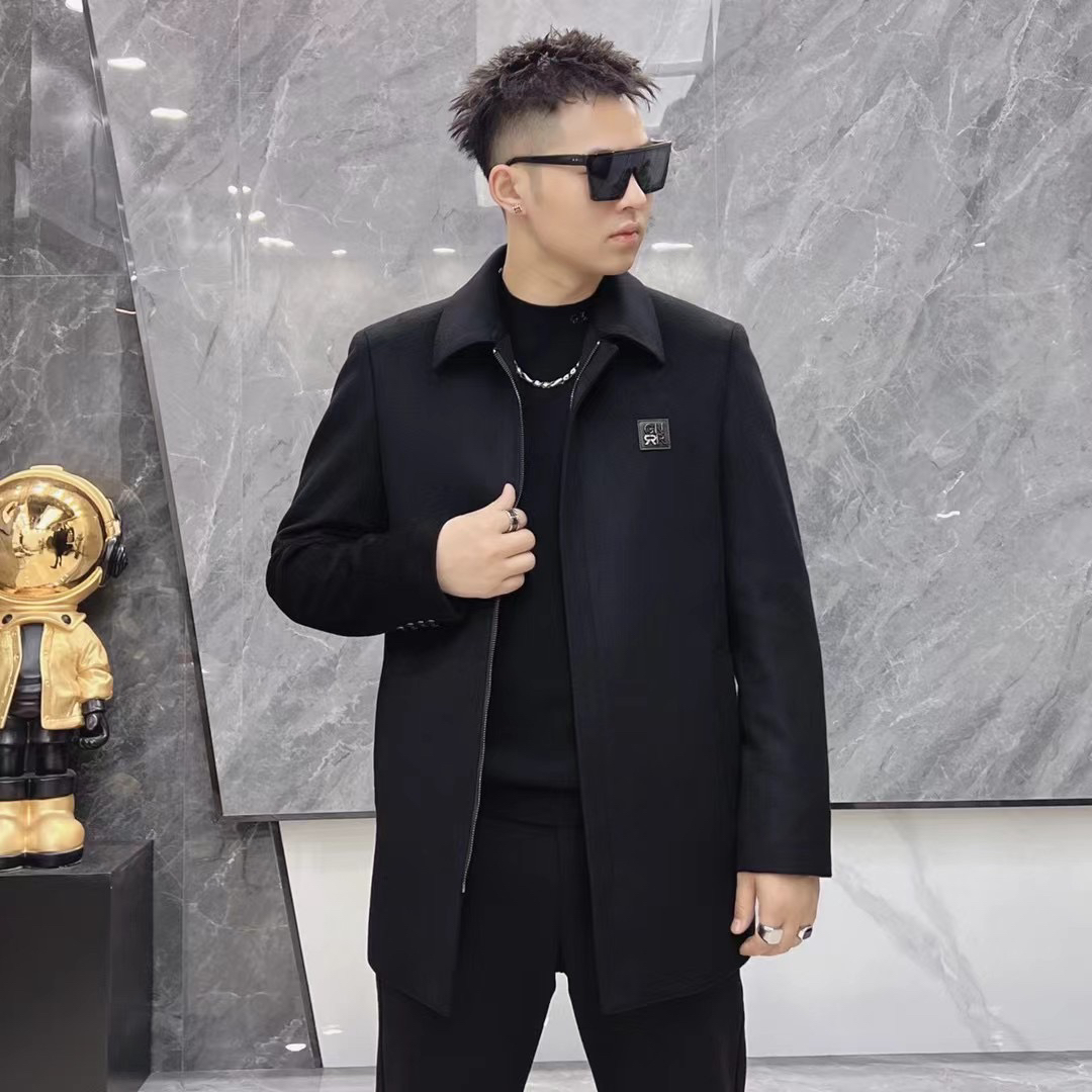 戈诺尔中长翻领黑色羊毛大衣外套