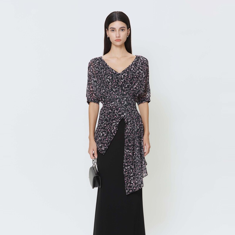 S·DEER圣迪奥时尚女装小清新V领碎花雪纺收腰短袖衬衫S24260401