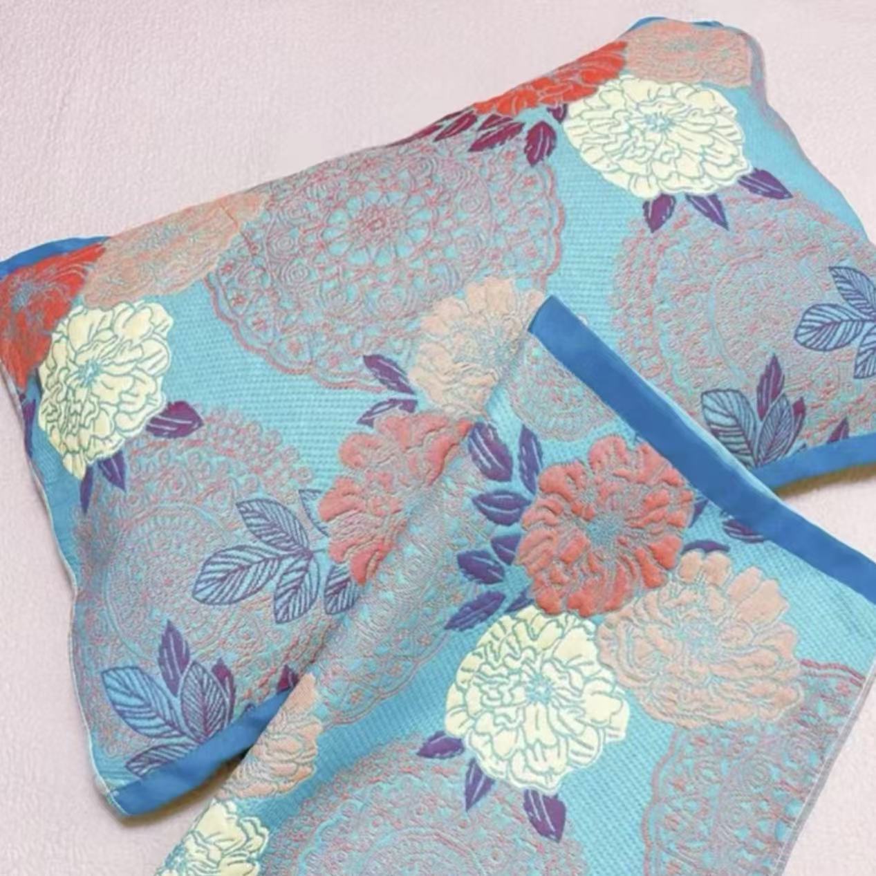 蓝色牡丹52*78纱布舒适柔软枕巾一对装