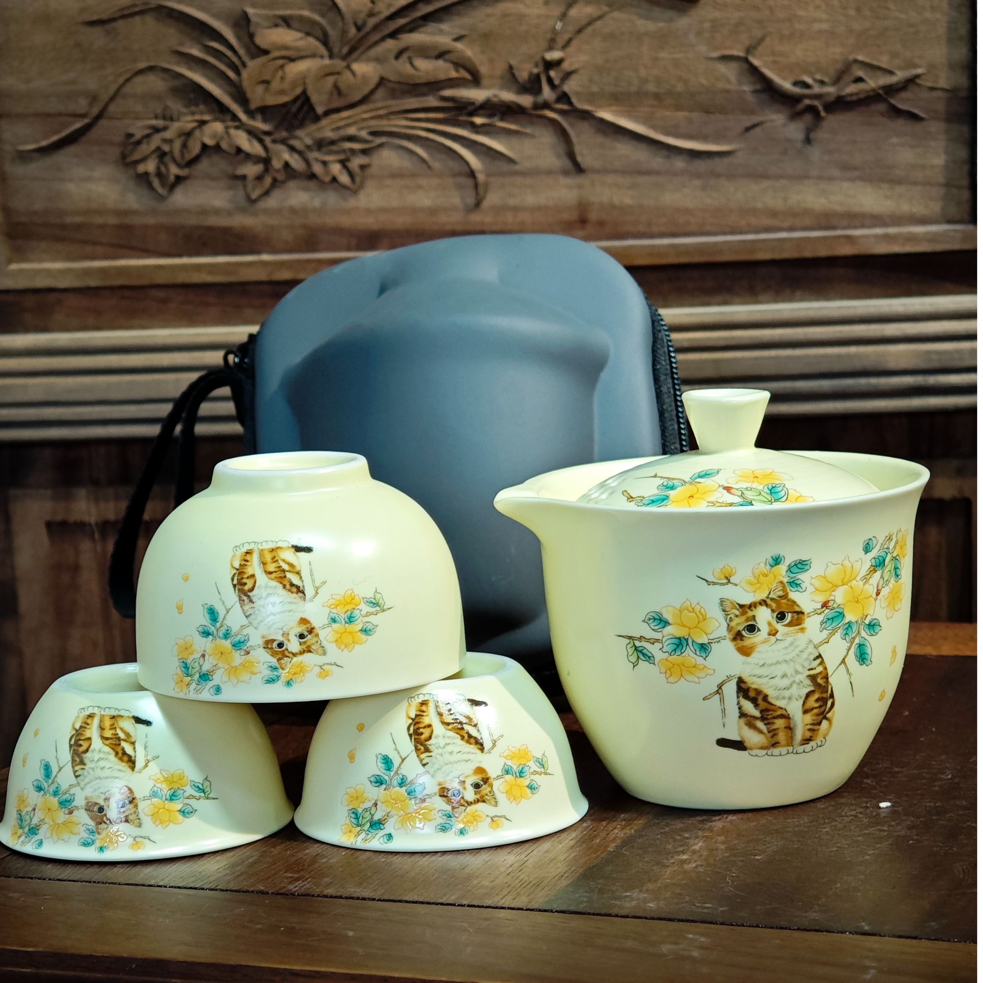 【闪购链接】A-0115 黄花猫咪盖碗+三杯旅行套-黄