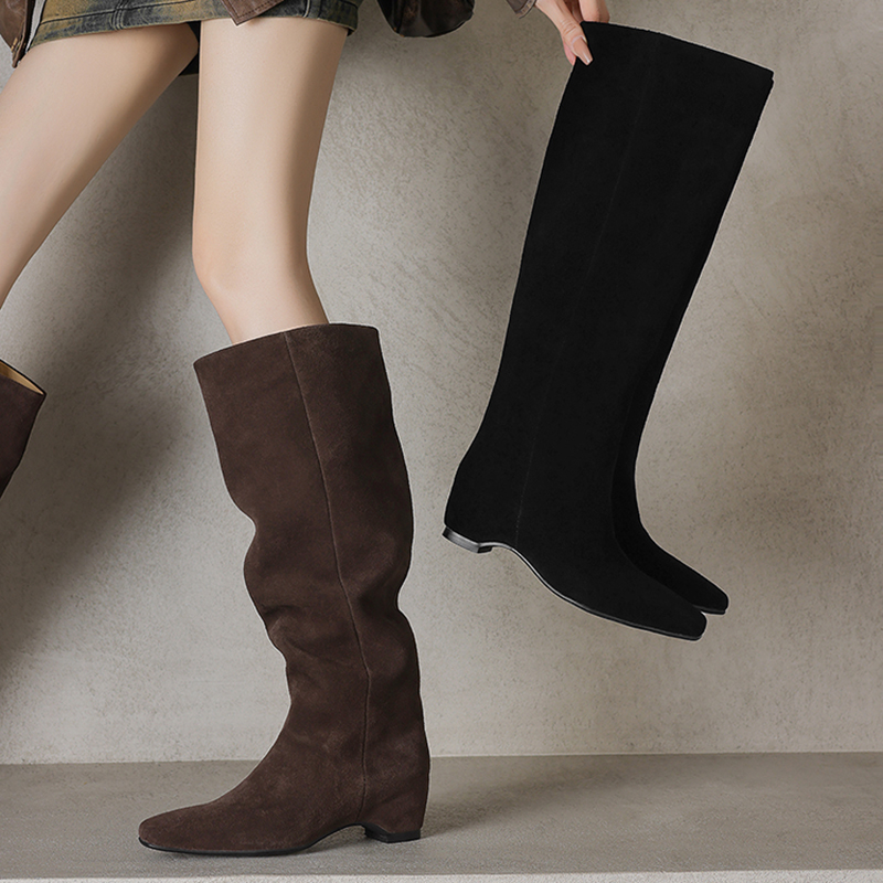 943/全皮内增高长靴女方头堆堆靴慵懒气质