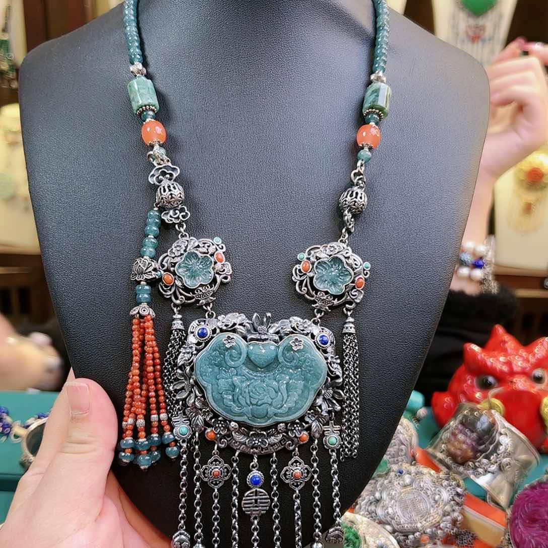 翡翠颈饰银S925镶嵌古风