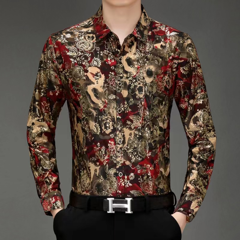 男士秋季新款时尚休闲弹力烫金花衬衫 108#