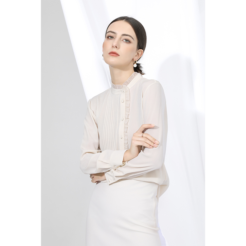 【鬼绉真丝】纯色桑蚕丝木耳边衬衫女2024秋新款衬衣女 L240617051
