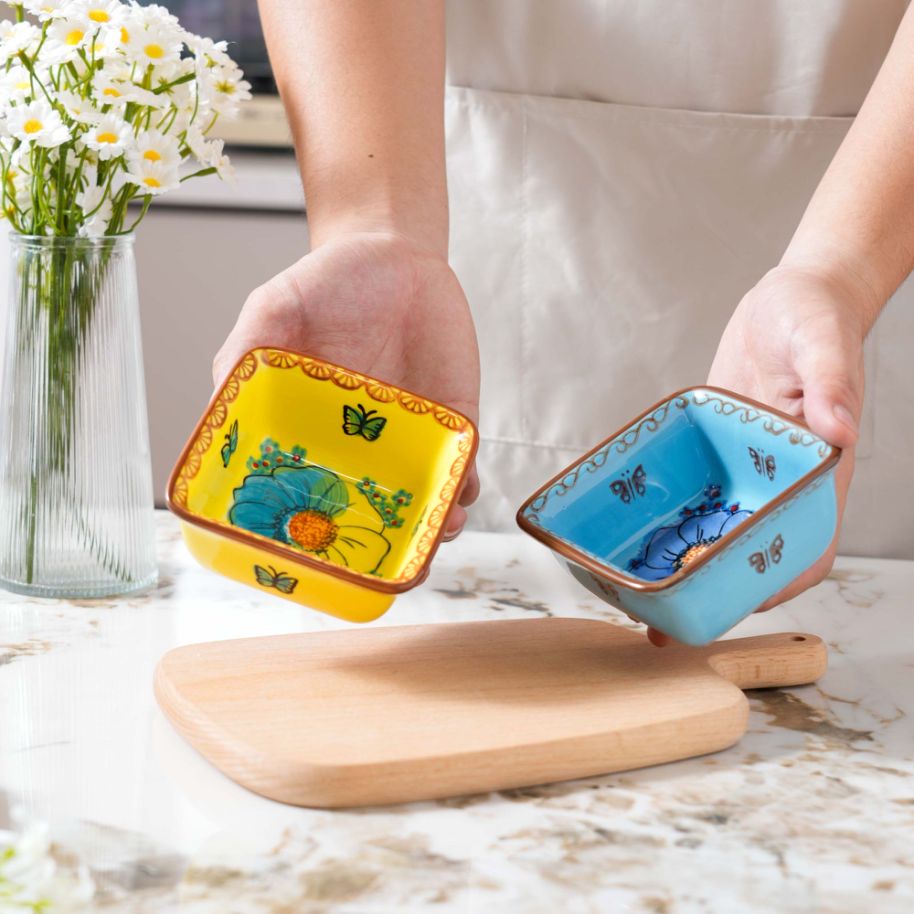 【蓝黄烤碗】手绘加厚方碟防烫简约轻奢小碟小果酱碗2只