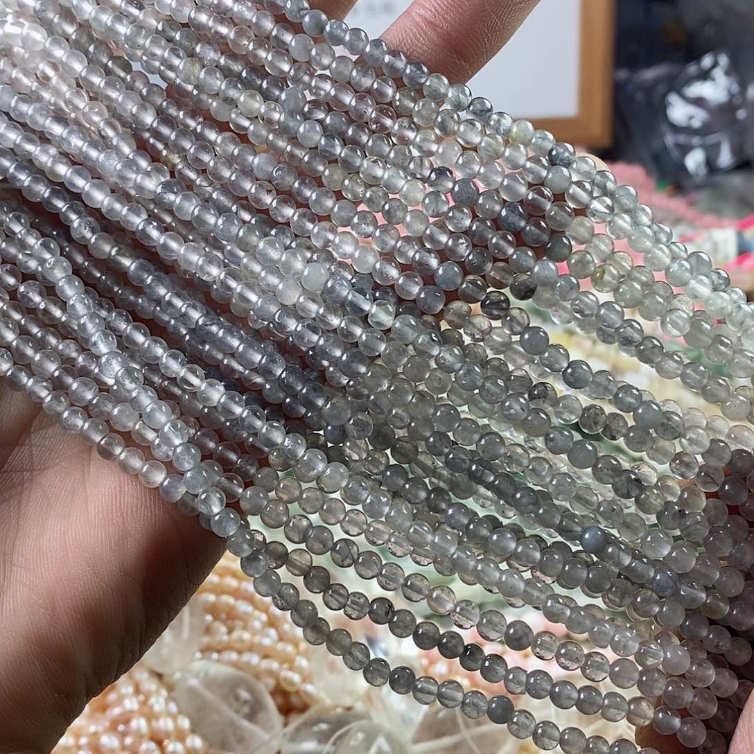 玛瑙/玉髓珠宝半成品合金一条天然4mm云雾灰水晶圆珠