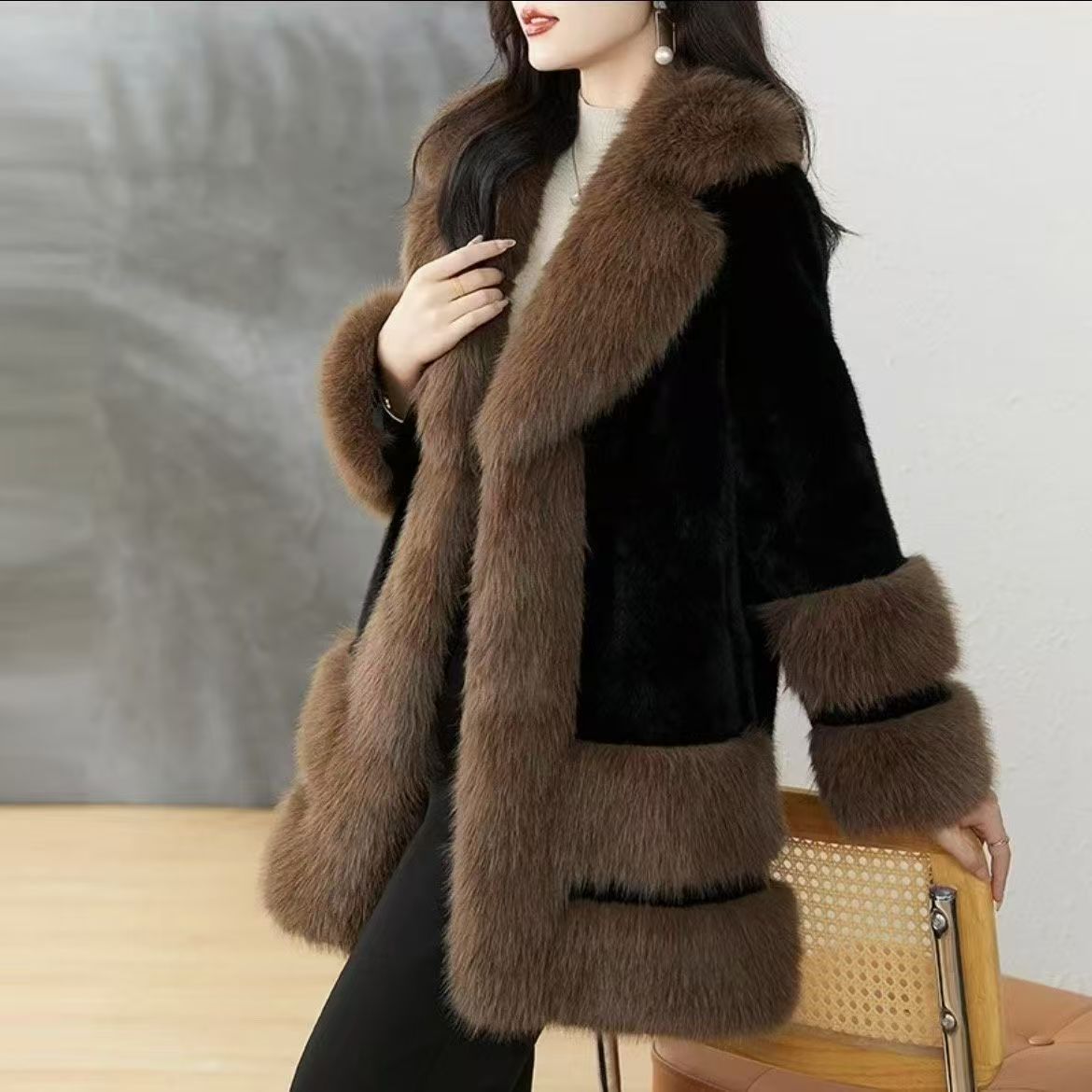 [直播专属]女翻领女装中长款锋芒大女主冬季美拉德风貂绒外套1229